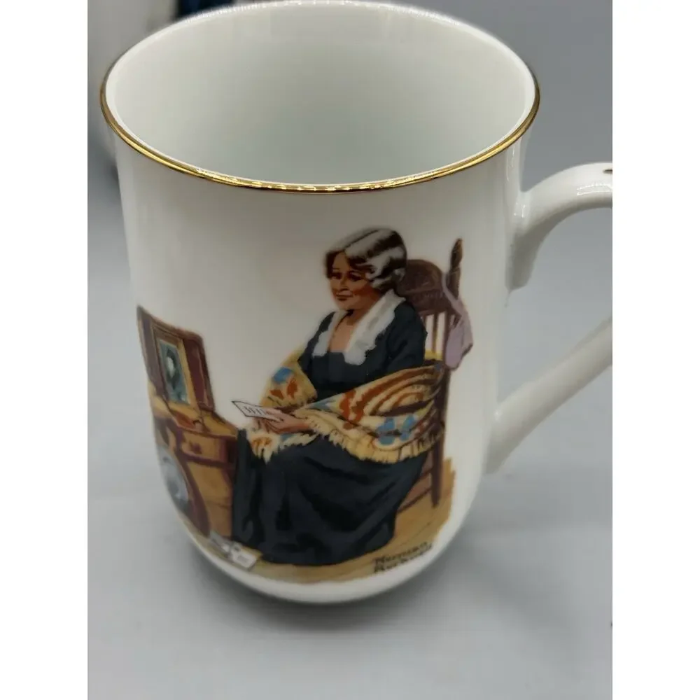 Set 5 Norman Rockwell Museum Coffee Mugs Japan Gold Rim Vintage Cups